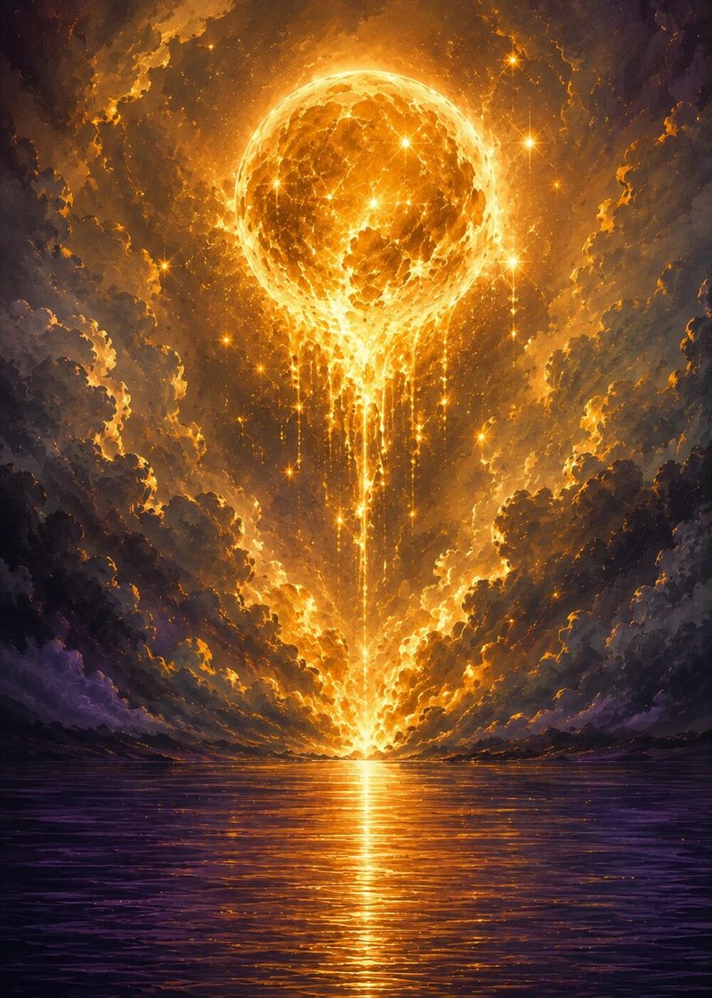 Goldene Lichtkugel über dunklem Wasser – Symbolbild Bewusstseins-Tarot