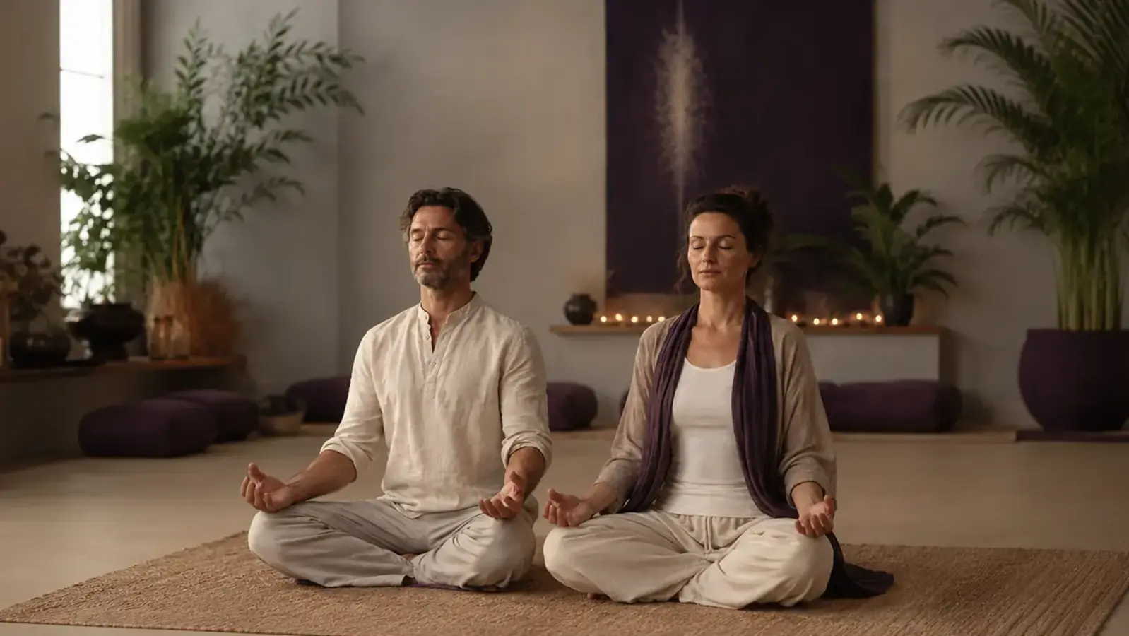 Zwei Menschen bei geführter Meditation im Yoga-Studio
