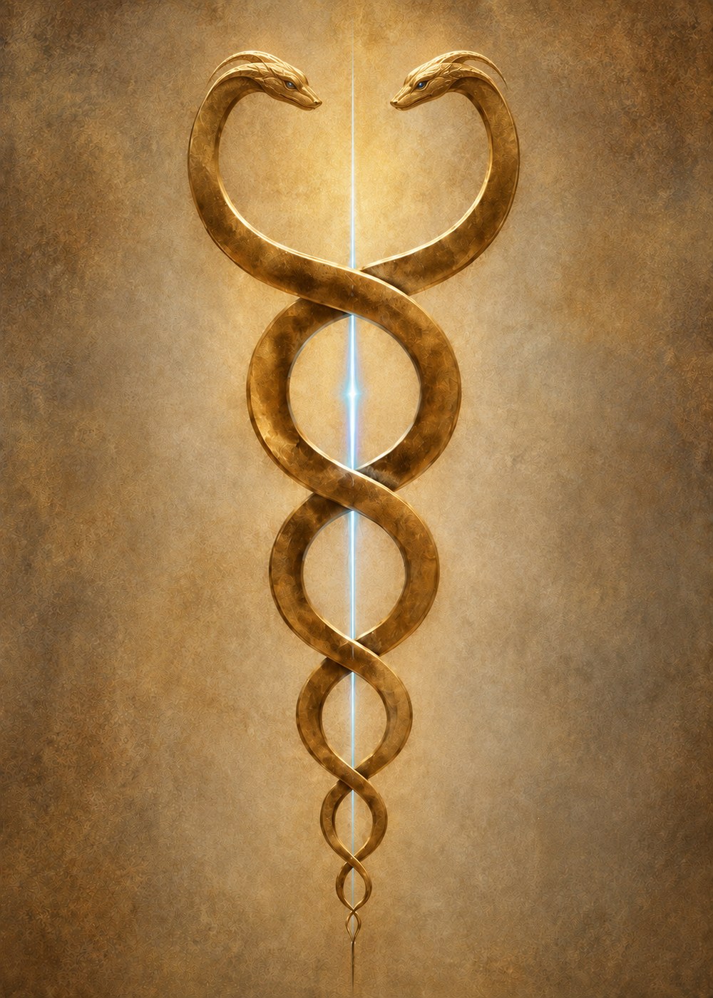 Goldener Caduceus-Stab mit zwei Schlangen und Lichtstrahl, Symbolbild fuer Mediale Traumaheilung