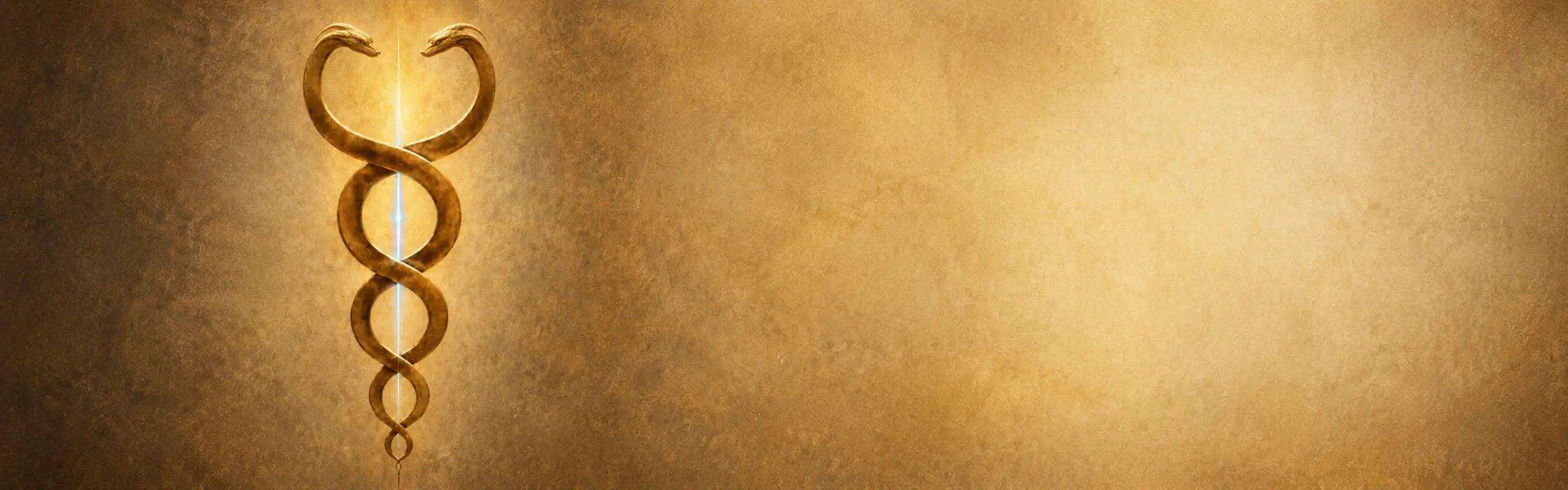 Goldener Caduceus – zwei ineinander verschlungene Schlangen mit Lichtstrahl, Symbol für Heilung und Transformation
