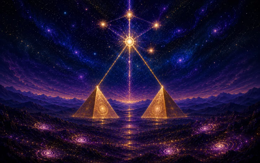 Goldene kosmische Pyramiden unter Sternenhimmel, Symbolbild fuer Medial Wahrnehmen