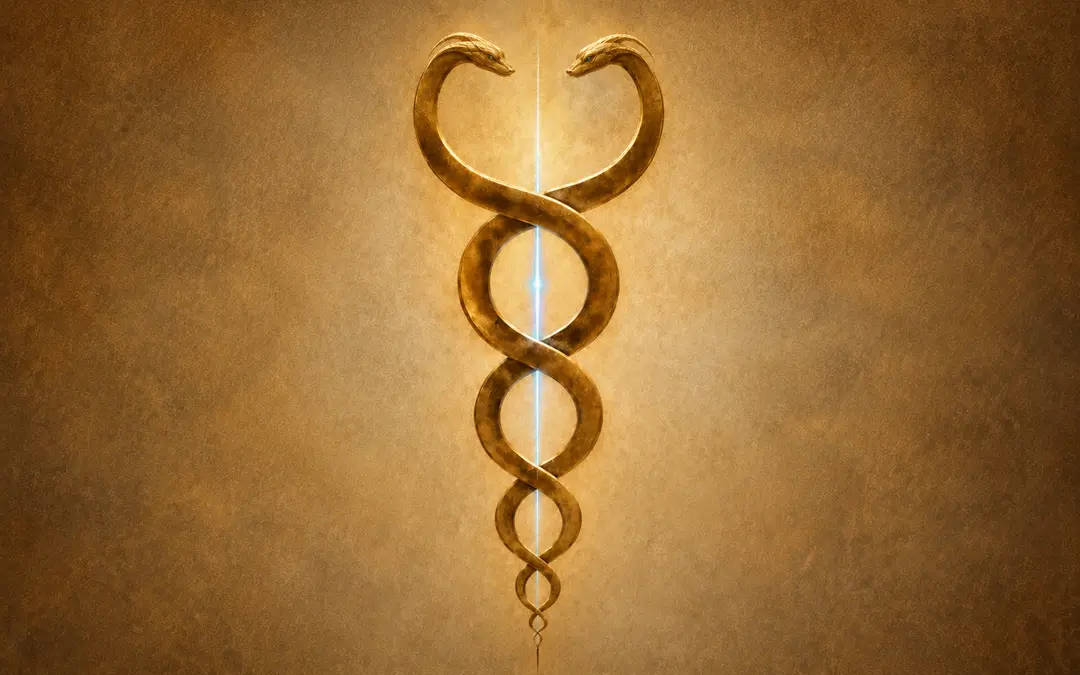 Goldener Caduceus-Stab mit zwei Schlangen und Lichtstrahl, Symbolbild fuer Mediale Traumaheilung