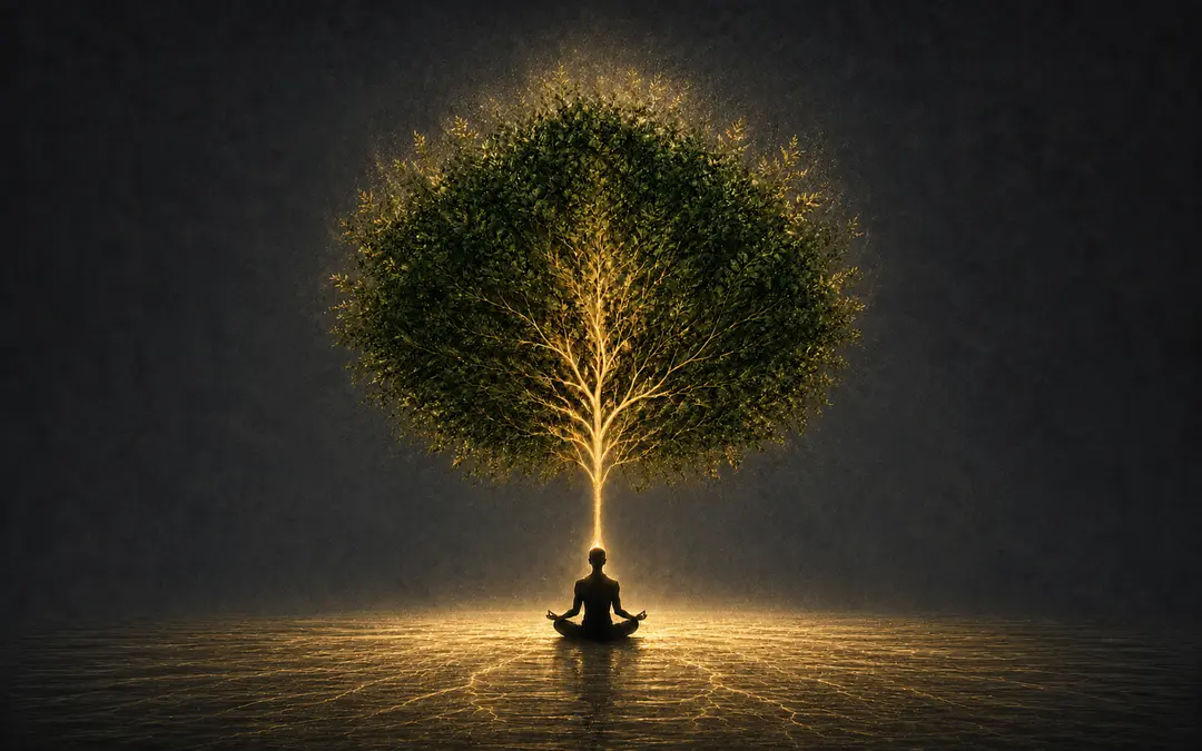 Meditierende Silhouette unter einem goldenen Lichterbaum, Symbolbild fuer das Business Mentoring