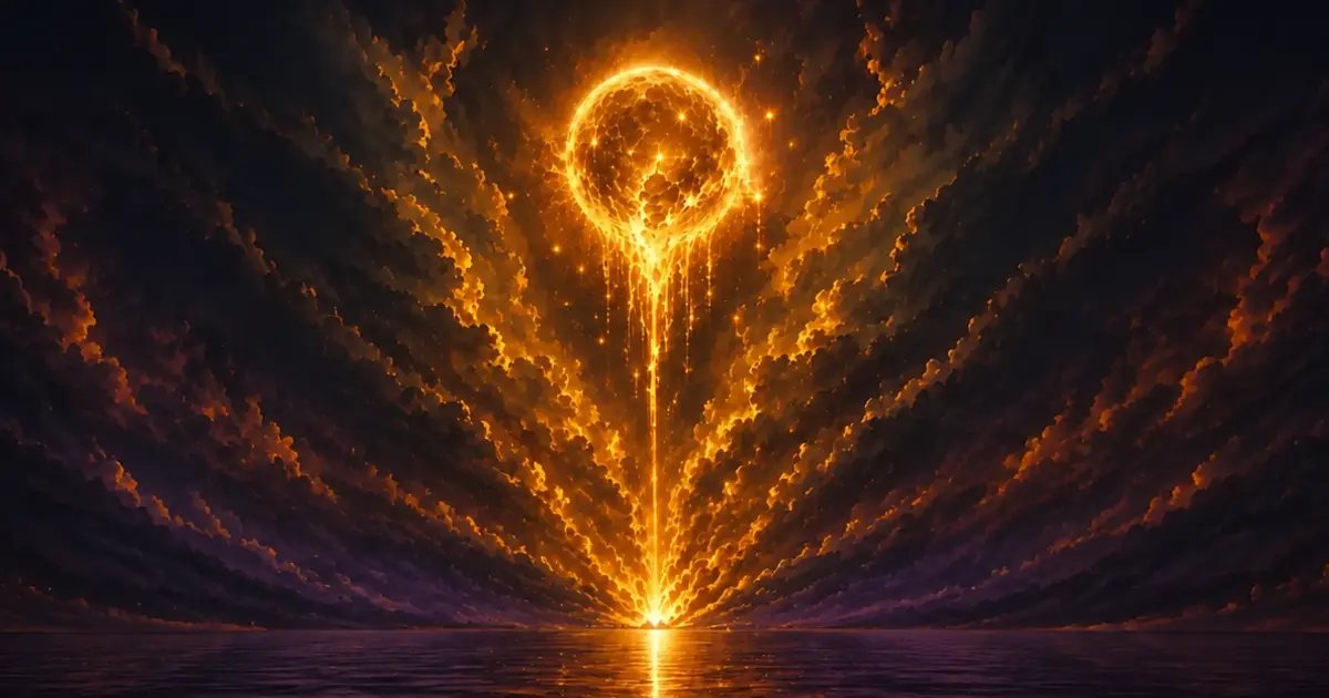 Goldene kosmische Kugel, die Licht über einen dunklen Ozean ausgießt, Symbolbild für das Devinaya Bewusstseins-Tarot