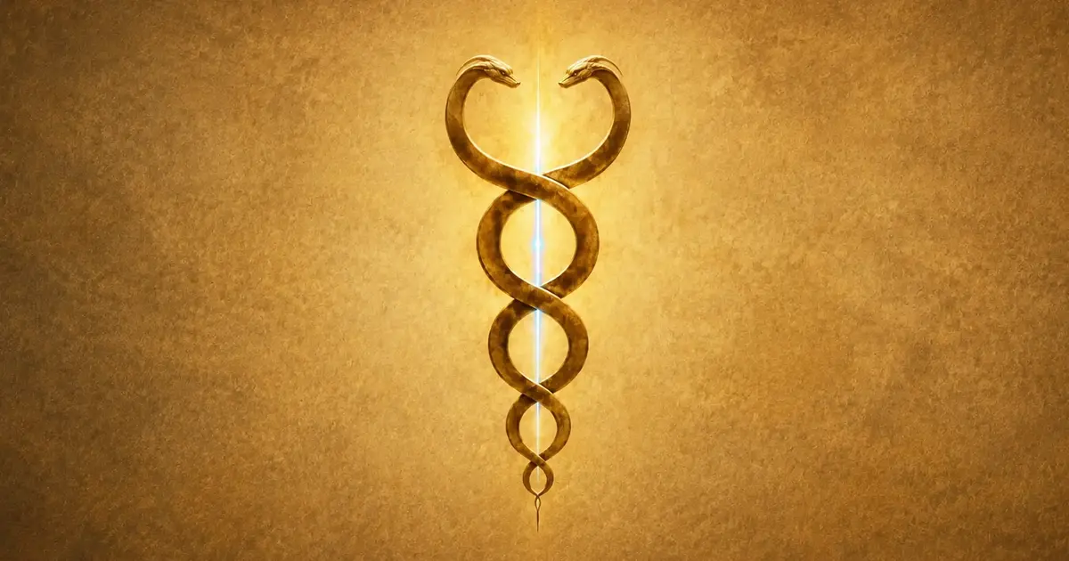 Goldener Caduceus – zwei ineinander verschlungene Schlangen mit Lichtstrahl, Symbol für Heilung und Transformation